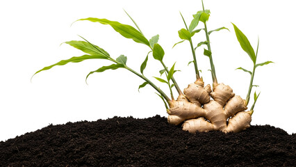 Ginger Rhizome Growing in Dark Soil with Green Shoots Against Transparent Backdrop Freshness and Healthy Eating Still Life