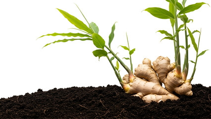 Ginger Rhizome Sprouting Green Shoots in Dark Soil Against Transparent Background With Studio Lighting and Selective Focus For Agricultural And