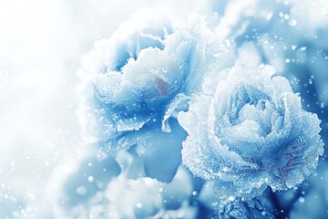 view frozen ice-crystal roses with snowflakes and sparkling water droplets in light-blue white gradient snowy background for winter floral design use