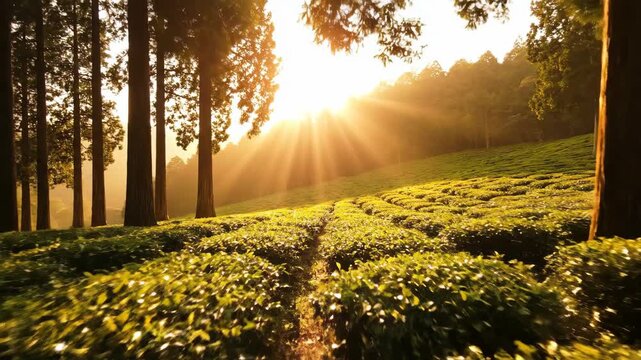 Golden Sunbeams Shine Through Tall Trees Onto Lush Green Tea Fields