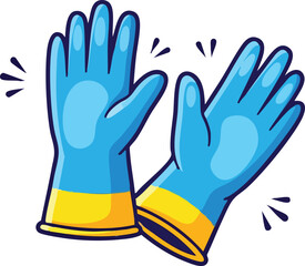 Obraz premium Pair Of Blue Rubber Gloves With Yellow Trim And Sparkle Accents For Cleaning