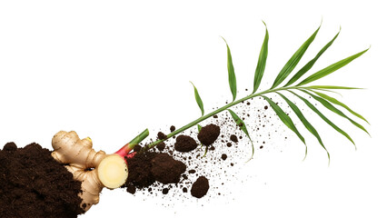 Ginger Root and Sprout on Soil Against Transparent Background Close Up Studio Shot