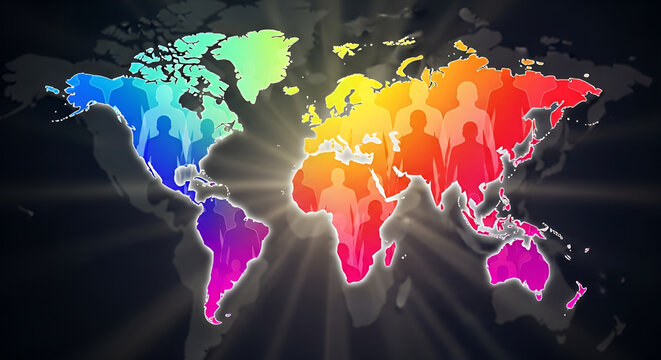 Global Population Map with Diverse Multicolored Human Silhouettes