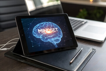 Tablet on desk showing digital brain and word “Mindset”. Concept of innovation, AI thinking, personal growth, technology, and future intelligence.