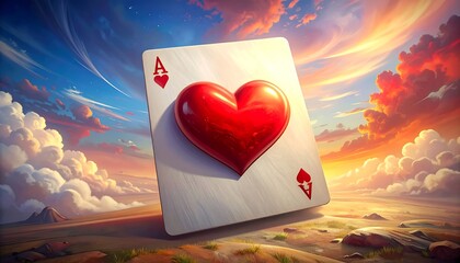 Ace of hearts card overlayed on a warm, vivid sky above a land, with soft clouds and warm-toned horizons