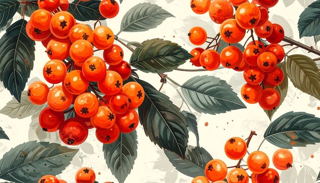 Bright orange rowan berries and green leaves spread across a creamy off-white backdrop in a seamless botanical pattern