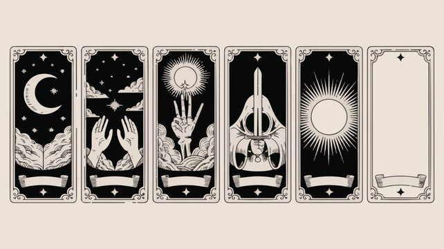 A set of six black and white tarot card frames arranged horizontally. Each frame has an ornate gothic border design with decorative corner elements and small stars.  