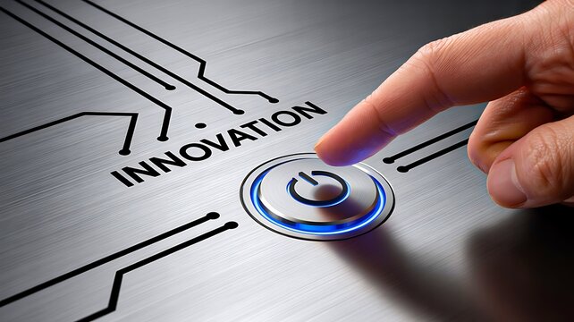 Finger pressing glowing power button with word innovation representing startup technology concept
