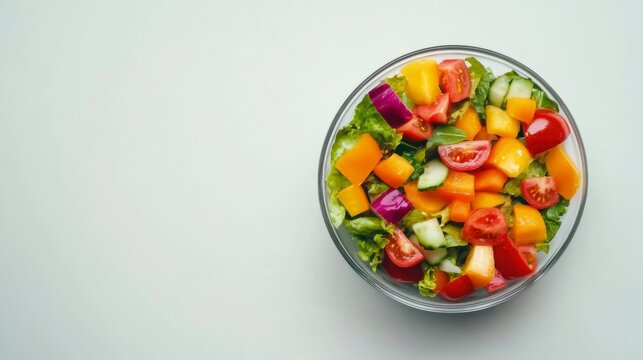 Bowl of fresh salad with tomatoes cucumbers and mixed greens on wooden table background