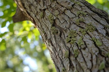 Obraz premium Close up view of tree trunk covered with green moss in natural environment