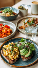 Delightful brunch featuring avocado toast, scrambled tofu and vibrant sides, a culinary journey to start your day with delicious textures.