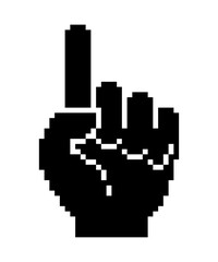 Black pointing finger pixel art on white background. retro style.