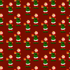 Seamless Christmas pattern with cute elves and gifts on red background. Festive holiday design.