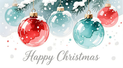  Delicate watercolor ornament design, translucent baubles painted in red and teal, splashes of snow, &ldquo;Happy Christmas&rdquo; written beneath in soft gray script &mdash; cheerful and refined.