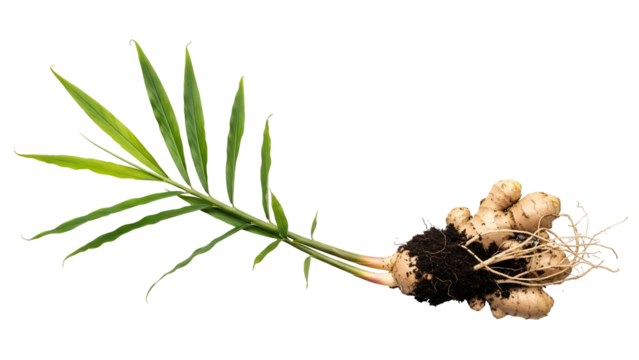 Fresh Ginger Rhizome with Green Shoots on Transparent Background