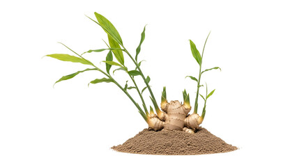 Ginger Plant with Green Leaves in Soil Isolated on Transparent Background