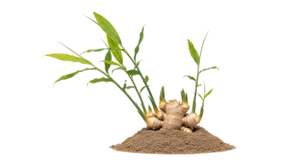 Ginger Plant with Green Leaves in Soil Isolated on Transparent Background