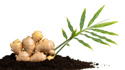 Ginger Root with Green Shoots on Dark Soil Transparent Background Fresh Spice Natural Medicine Ingredient Herb Plant Antioxidant Healthy Food Brown