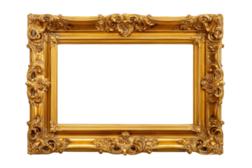 Vintage gold picture frame with intricate baroque details on transparent backdrop