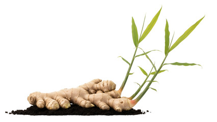 Ginger Rhizome with Green Shoots on Transparent Background Macro Photography