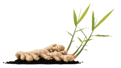 Ginger Rhizome with Green Shoots on Transparent Background Macro Photography