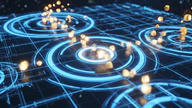 Digital data grid showcasing blue glowing lines, a waveform graphic, and circular hud elements representing technological advancements and connectivity in a cyber environment - Powered by Adobe
