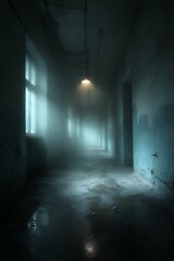 dimly lit hallway with fog and light