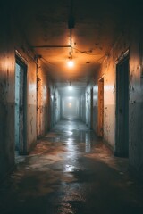 dark hallway with doors and light