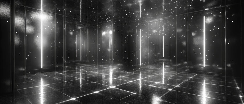 A futuristic corridor with mirrored panels and illuminated lines on the floor creates a mysterious atmosphere, perfect as a backdrop for presentations of innovative technologies.
