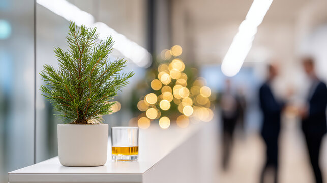 Small pine tree in white pot with glass of whiskey on shelf with blurred business people and festive lights in background - Powered by Adobe