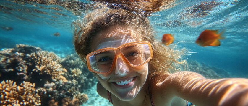 Underwater, a smiling girl wearing a mask and snorkel is surrounded by fish and coral, conveying the joy of marine adventures. This image is ideal as an atmospheric background  