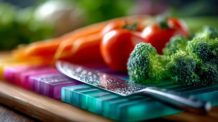 Fresh vegetables and vibrant carrot sticks being sliced on a multicolored cutting board