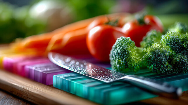 Fresh vegetables and vibrant carrot sticks being sliced on a multicolored cutting board