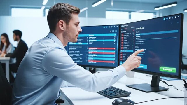 Man working on dual monitors with financial data and access controls