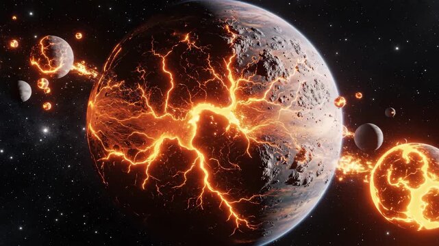 Massive planet fracturing in deep space, glowing lava spewing from a ruptured core as nearby bodies explode and fiery fragments scatter across a dark cosmic backdrop