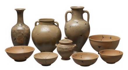 Ancient restored pottery collection with visible crack lines isolated on transparent background