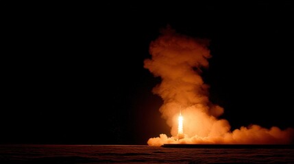 Powerful nighttime vehicle ascent generates immense fiery exhaust and dense smoke