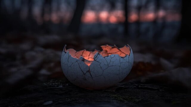 A cracked eggshell glows in the forest floor at dusk. Foliage surrounds the egg with an orange light
