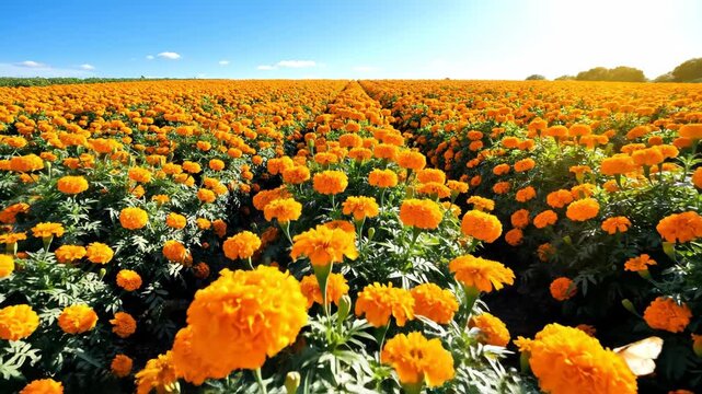 Vibrant Field of Marigolds Under a Clear Blue Sky A Blossoming Landscape of Orange and Gold