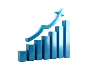 Blue bars form a rising graph with a curving upward pointing arrow