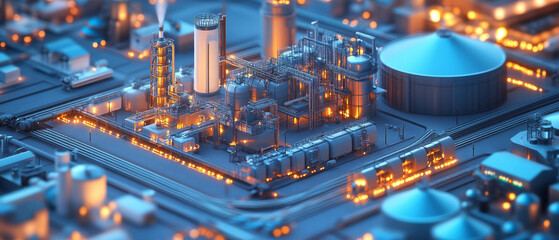 A modern factory with illuminated pipes and tanks symbolises industrial progress, serving as a backdrop for analytical reports on production.