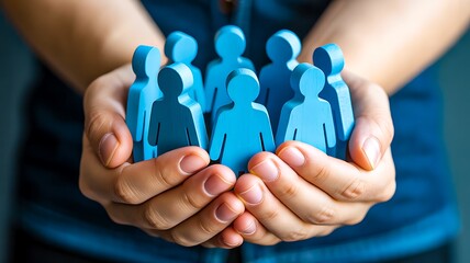 Hands holding blue human figures representing teamwork and community support
