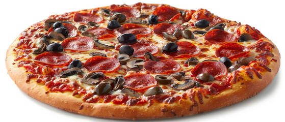 Appetising pizza with pepperoni, mushrooms and olives entices with its aroma and juicy ingredients, ideal for an advertising banner or the main background of a café menu.