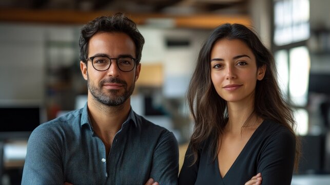 Confident professionals with friendly smiles demonstrate team spirit, creating an atmospheric backdrop for corporate presentations or career websites.