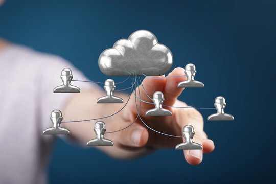 Cloud computing concept, hand touching cloud with connections and people. Data and server concept, data sharing