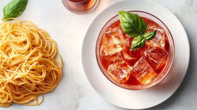 Italian pasta and a refreshing drink with ice cubes will emphasise the cosiness of the restaurant menu and fit perfectly into the main theme of the culinary blog.
