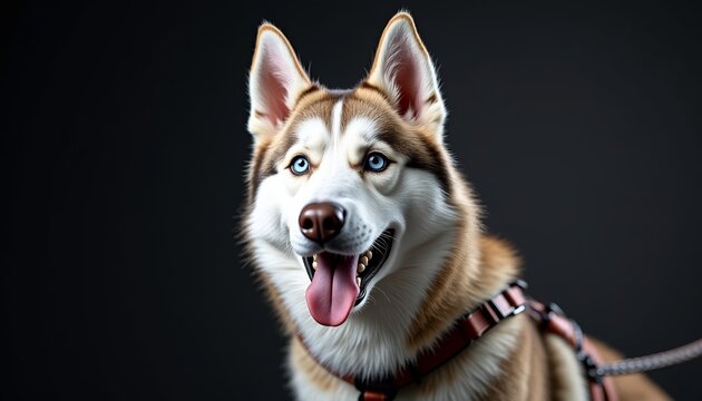 Happy Siberian Husky dog posing with leash against dark background  