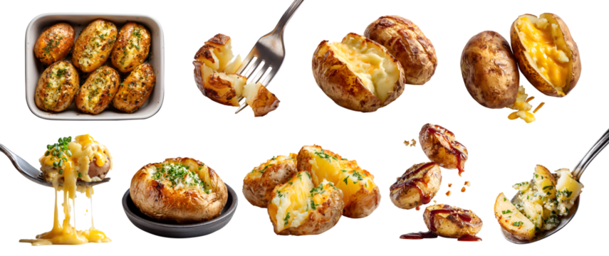 Set of jacket baked potato potatoes, fork spoon, oven pan plate, skinned with cheese garnish butter cream topping, sliced halved broken, transparent cutout PNG. Many different style. Mockup	
