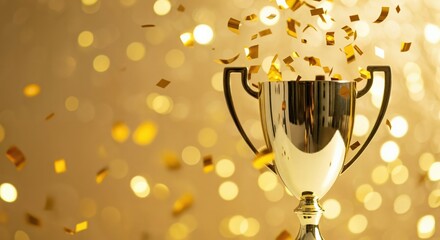 Shiny Silver Trophy for Achievement and Celebration with Golden Confetti Background