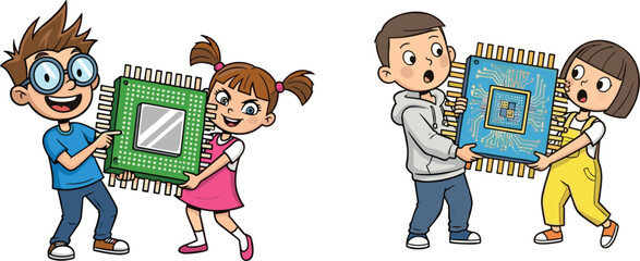 Cartoon children holding large computer microchip, kids learning about technology, digital innovation, science education, electronic engineering and future tech